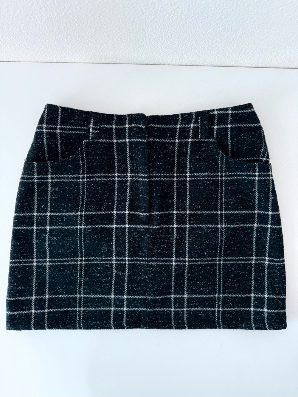 ESPRIT Vintage Plaid Wool Blend Mini Skirt Black White Tweed Size 11/12 Y2K